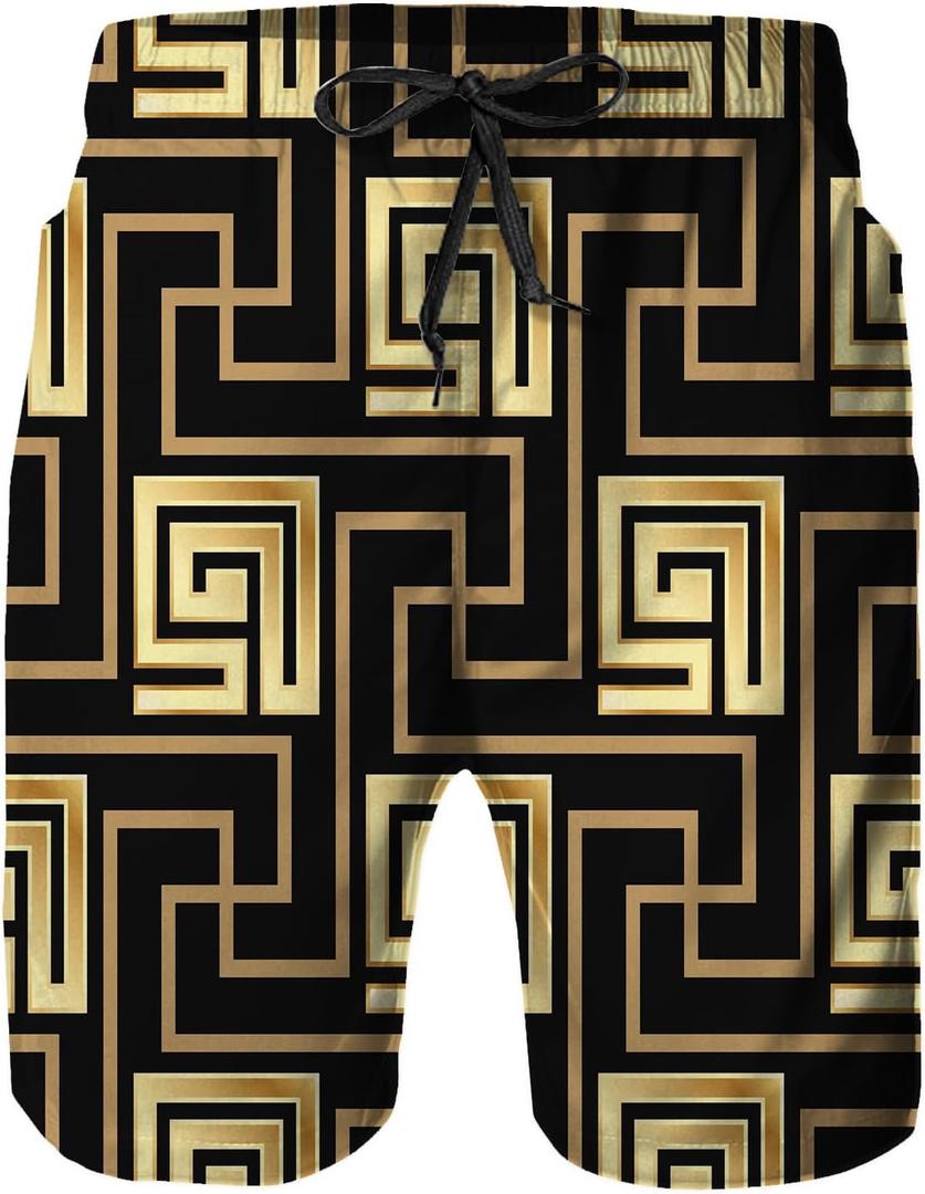Mens Swim Trunks with Mesh Lining,Quick Dry Swimsuit Board Shorts Beach Pants Swimwear Bathing Suits (Large, Black and Golden Tiles Gold)