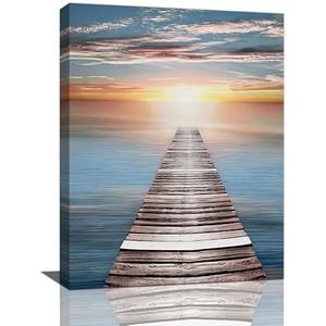 Coastal Bathroom Wall Art Sea Ocean Sunset Pictures Bridge Beach Park Pier Seascape Painting Nature Scenery Landscape Coastal Canvas Decorations Framed Sea Theme Artwork Home Decor for Bedroom 12"x16"