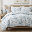 EverGrace 100% Cotton Sateen Duvet Cover Set Queen Size, 3 Piece Floral Toile Bedding Set, Pre-Washed Soft & Breathable, Button Closure with 2 Pillow Shams, Blue Linen, 90"x92"