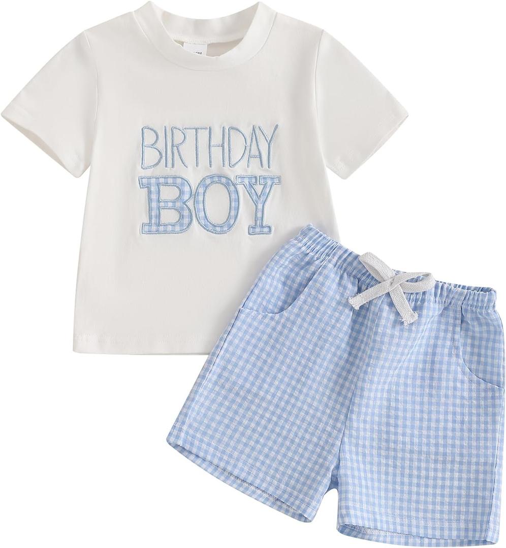 Toddler Baby Boy Girl First Birthday Outfit Short Sleeve Shirt Plaid Shorts Sets Summer Birthday Clothes 2Pcs (18-24 Months, A-white Blue)