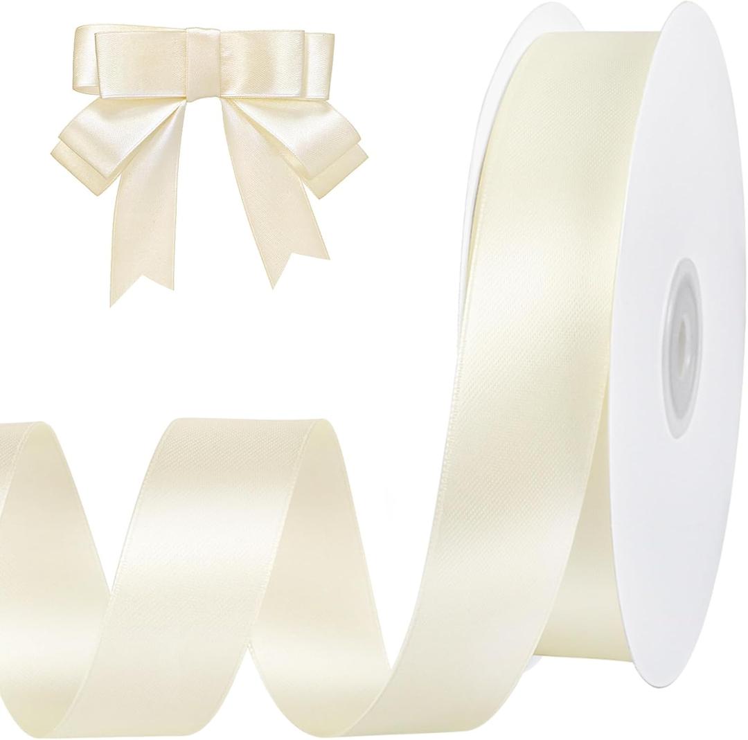 woric Ivory Satin Ribbon 1 inch 60 Yards Cream Ribbon for Crafts Hair Bows Gift Wrapping Home Decor Wedding Invitation Mothers Day Bridal Shower Decorations (Double Faced)