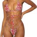 Women Halter String Bikini Set Sexy Thong Cheeky Two Piece Swimsuits Solid Color Bathing Swimwear (Small, Red Flower)