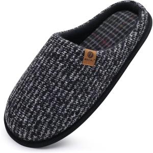 ONCAI Mens Black Knit Stripes Cozy Memory Foam scuff Slippers Slip On Warm House Shoes Indoor/ Outdoor With Best Arch Surpport (Size 8.5, Black)