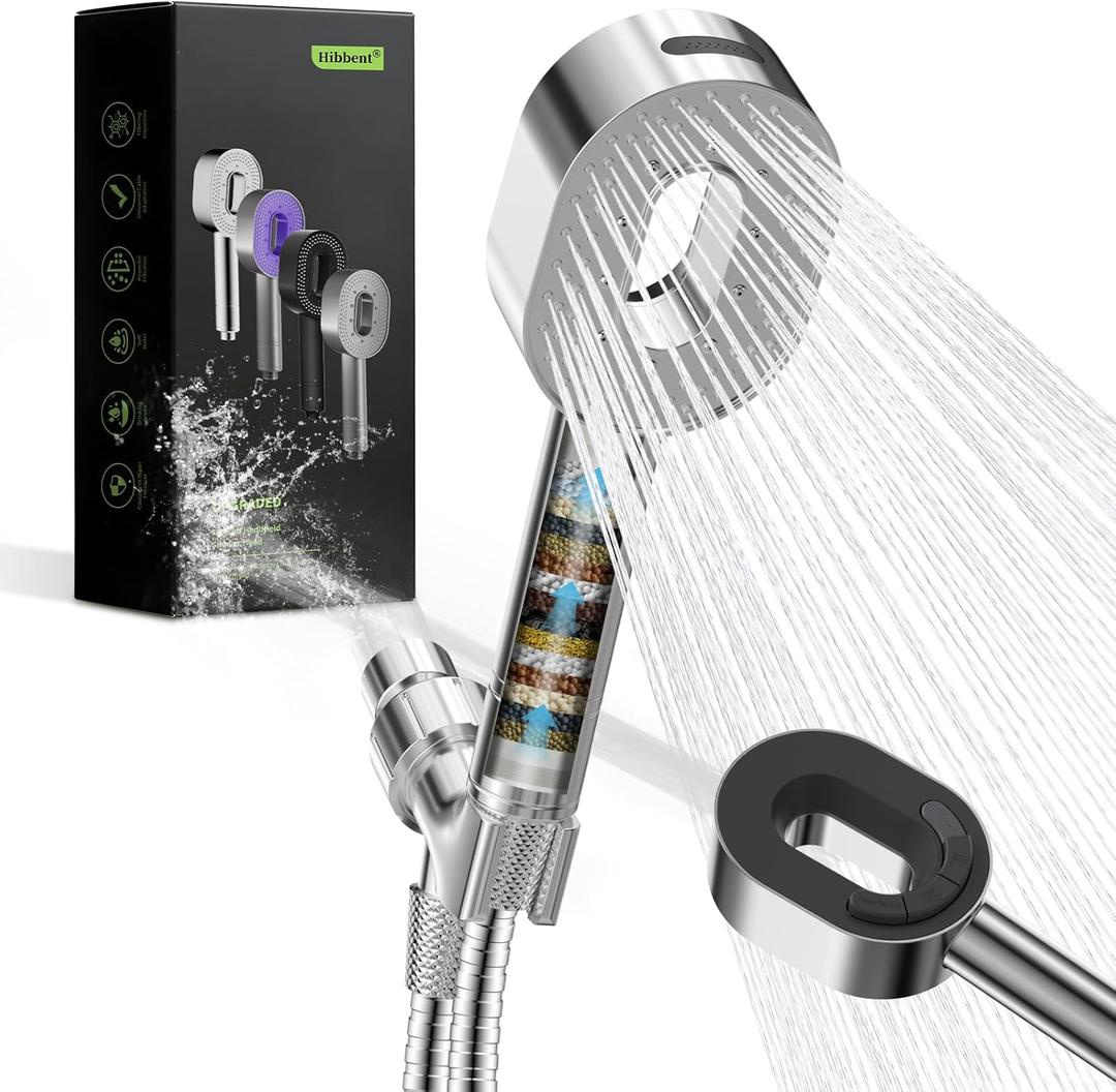 Hibbent Filtered Showerhead with handheld, High Pressure 5 Sprays Handheld Shower Head with Brass Holder& 71" Metal Hose, Water Softener for Hard Water-Remove Chlorine, Reduces Dry Itchy Skin, Chrome