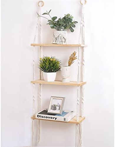 Easever Boho 3-Tier Wooden Plant Shelves - Macrame Wall Hanging Storage for Apartment, Bathroom, Living Room, Bedroom
