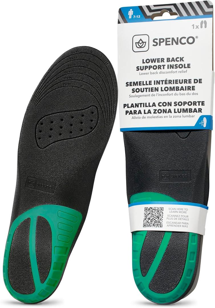 Spenco Lower Back Support Insole (FSA&HSA Eligible),Arch Support- Deep Heel Cupping - Breathability -Trim-to-Fit Sizing- Men's 7-13 (Black/Green)