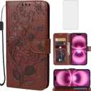 Case for iPhone 16 Plus Case, Apple 16 Plus Wallet Case with Tempered Glass Screen Protector, Flower Leather Flip Credit Card Holder Stand Phone Cover Cases for iPhone 16 Plus Brown