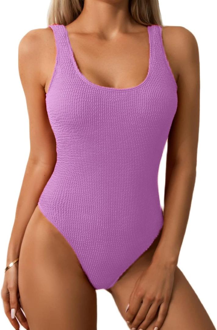 Limeeke Women One Piece Swimsuit Solid Ribbed Monokini Swimwear Scoop Neck Low Back Bathing Suit (Medium, Purple)