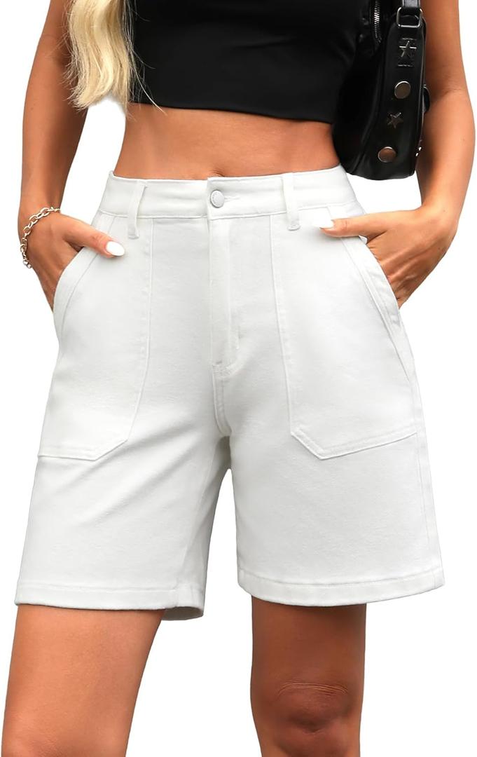 ELLEVEN Womens Denim Bermuda Shorts Elastic Waist, Stretchy Jean Trendy Summer Long Jorts with Big Pockets (Small)