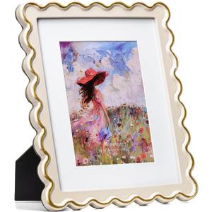 8x10 Picture Frame in Beige with Shinning Gold Wavy Edge, Resin Frame with Real Glass, Display 8x10 Photos Matted to 5x7, Vertical and Horizontal Desk Tabletop or Wall Hanging