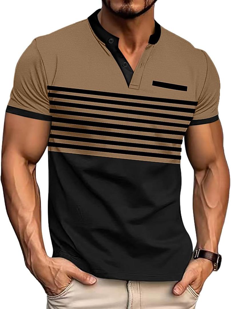 Mens T-Shirts Short Sleeve Button Casual Stylish Basic Tees Work Striped Shirts Henley Summer Lightweight Stretch Top (XXL)