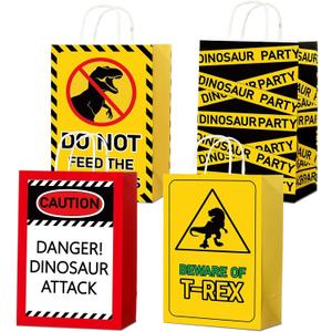 ZOIIWA Dinosaur Party Favor Bags Funny Dinosaur Party Decorations Dino Caution Signs Paper Gift Bags with Handles Beware Warning Signs Goodie Candy Treat Bag for Birthday Baby Shower Supplies,12pcs