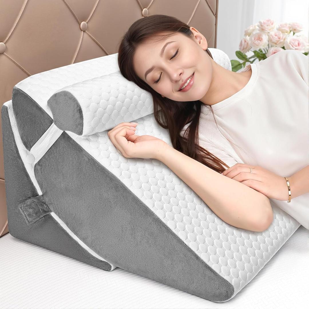 Bed Wedge Pillow for Sleeping, 3PCS Wedge Pillow Set for After Surgery, Adjustable 7 &12 inch Pillow Wedges for Acid Reflux Relief, Back Pain Relief, Sleep Apnea, Sitting Up, Headboard (White/Grey)