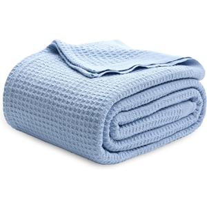 Bedsure 100% Cotton Blanket Queen Size for Bed - Breathable and Soft, Waffle Weave Blanket for Summer Spring, Sky Blue, 90x90 Inches