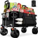 Navatiee Big Wheels Collapsible Wagon Cart Foldable, Heavy Duty Beach Wagon with Silent All-Terrain Wheels, Folding Utility Grocery Cart with Side Pocket and Brakes for Camping Garden Sports, Black