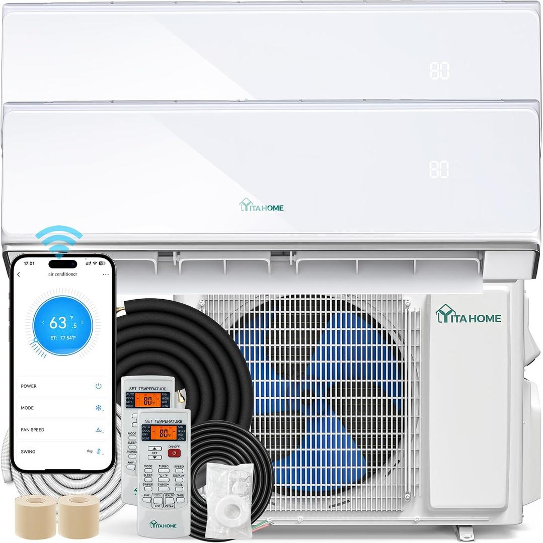 YITAHOME 22 SEER2 18K BTU 2 Zone Mini Split AC/Heating System, 9000 9000 BTU Dual Zone Mini Split Air Conditioner, 208-230V Pre-charged Inverter AC, Compatible with Wi-Fi&Alexa