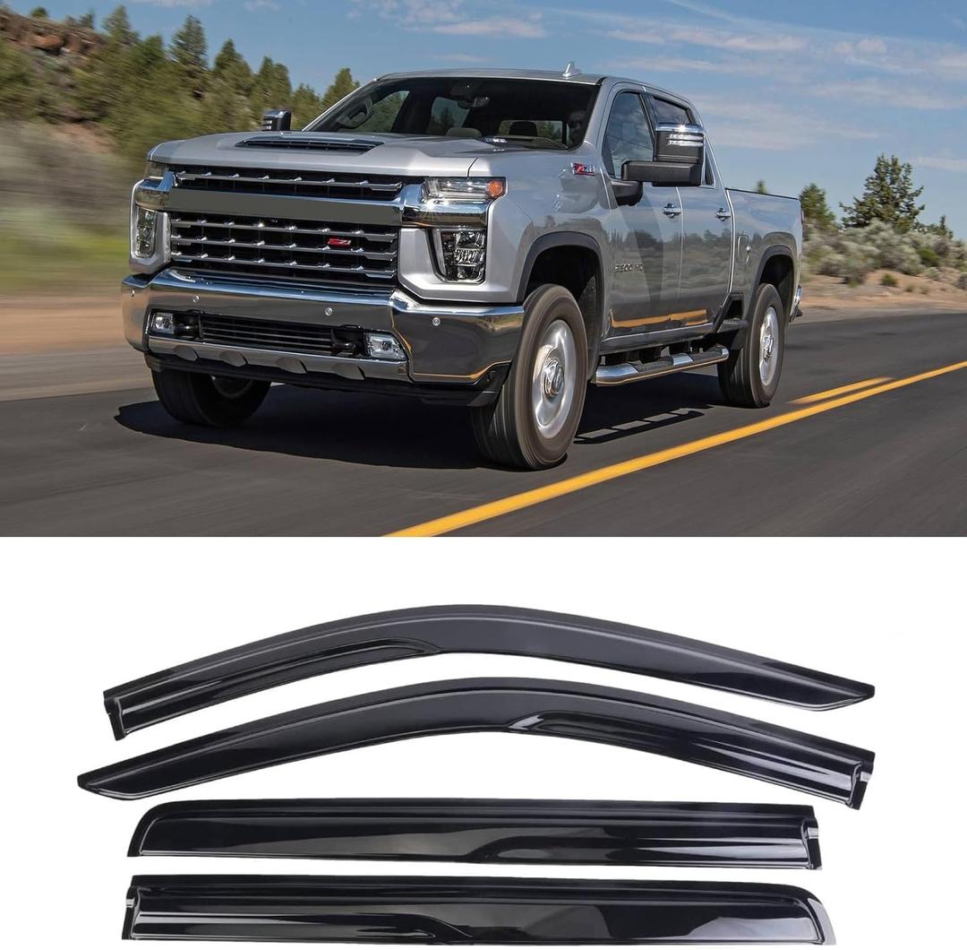 SONLEE Smoke Black Outside Mount Rain Guards Window Visor Deflectors Compatible with 2019-2023 Sierra/Silverado 1500 Crew Cab, 2020-2023 Silverado/Sierra 2500 HD/3500 HD Crew Cab