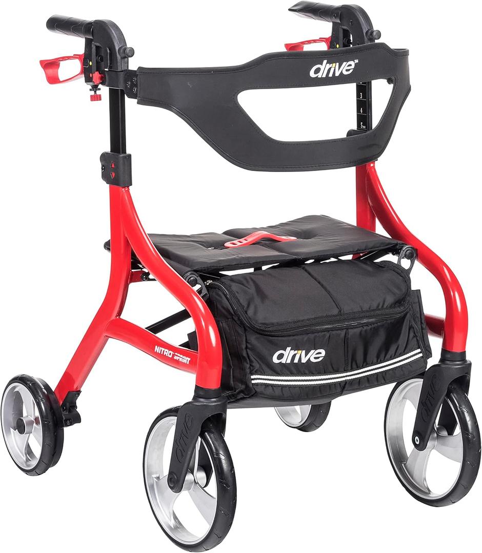 Drive Medical Nitro Sprint Foldable Rollator Walker with Seat, Petite Height Lightweight Rollator with Large Wheels, Folding Rollator, Short Rolling Walker for Seniors and Adults, Red