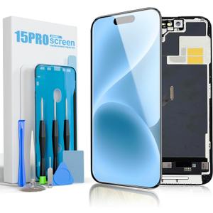 Screen Replacement for iPhone 15 Pro, 6.1 Inch Full HD LCD and Touch Digitizer Assembly Includes Repair Tools, Waterproof Adhesive, and Tempered Glass Screen Protector