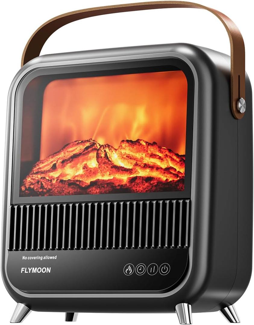 FLYMOON Electric Fireplace Heater, Fireplace Heater with 3D Different Flame Effects, 750/1200W, 7 H Timer, Electric Fireplace Heaters with Overheating & Tip-Over Protection for Office Garage Indoor