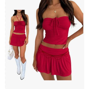 Women Sexy Summer 2 Piece Sets Drawstring Ruched Crop Tube Top Low Rise Ruffle Mini Skirts Sets Y2k Outfits, Size -Medium