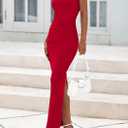 PRETTYGARDEN Women's Summer Wedding Guest Dresses 2025 Sleeveless Ruched Bodycon Fitted Maxi Long Cocktail Dress with Slit (Red)