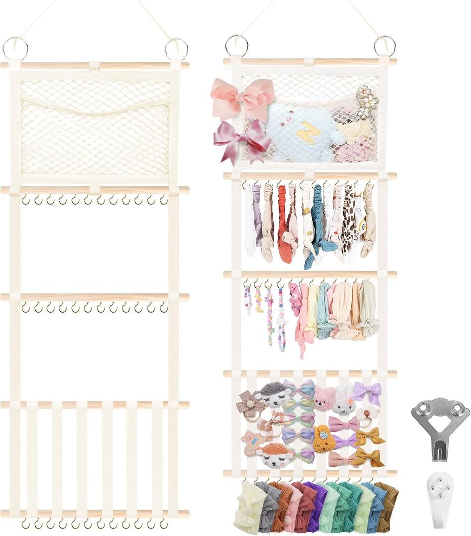 Munzong bow holder for girls hair bows 52x17 inch, Beige Hair Bow Clip Organizer for Baby Girls,Hair Accessories Storage Hanger for Toddler Kids Nursery Room Decor