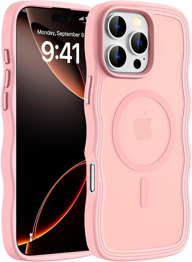 2 x Hualele for iPhone 16 Pro Max Case Cute for Women, Compatible with MagSafe, Military Grade Dropproof Translucent Matte Back Curly Wave Edge Slim Girly Phone Case 16 Pro Max Case, Light Pink