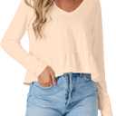 Vrtige Women's V Neck Long Sleeve Peplum Babydoll Blouse Shirt Crop Top Ruffle Hem (Beige, XS)