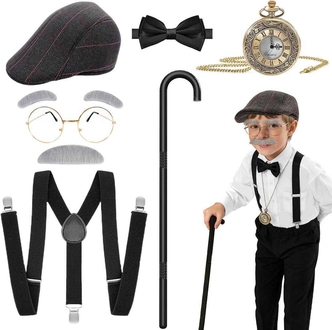 Lenski 100 Days of School Costume, Old Man Costume for Kids with Cane, Suspenders, Hat, Glasses, Tie & Pocket Watch (Black)