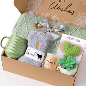 Birthday Gifts for Women, Get Well Soon Self Care Package Box, Sympathy Inspirational Gift After Surgery Blanket, Sending Hug Baskets Thinking of You Feel Better for New Mom Wife Friend Sister (Green)