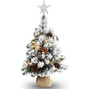 24 Inch Snowy Mini Christmas Tree, Small Tabletop Flocked Tree with LED Lights, Pine Cones, Balls, Star Tree Topper, Gift Box and Cloth Bag Base, Xmas Decorations (Christmas Tree) (White)