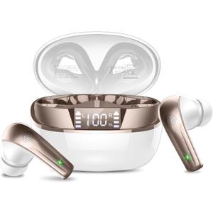 Wireless Earbuds, Bluetooth 5.4 Headphones in Ear, Mini Bluetooth Earbuds HiFi Stereo Deep Bass with 4 ENC Noise Cancelling Mic, Wireless Ear Buds 47H Long Playtime LED IP7 Waterproof USB-C White Gold Wireless Earbuds, Bluetooth 5.4 Headphones in Ear, Mini Bluetooth Earbuds HiFi Stereo Deep Bass with 4 ENC Noise Cancelling Mic, Wireless Ear Buds 47H Long Playtime LED IP7 Waterproof USB-C White Gold