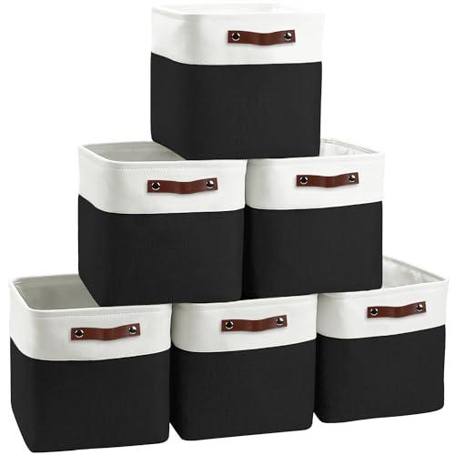 FinishingBo Cube Storage Baskets 6 Pack, 11x11 inch Cube Storage Bins with Leather Handles for Shelf Closet (White/ Black)