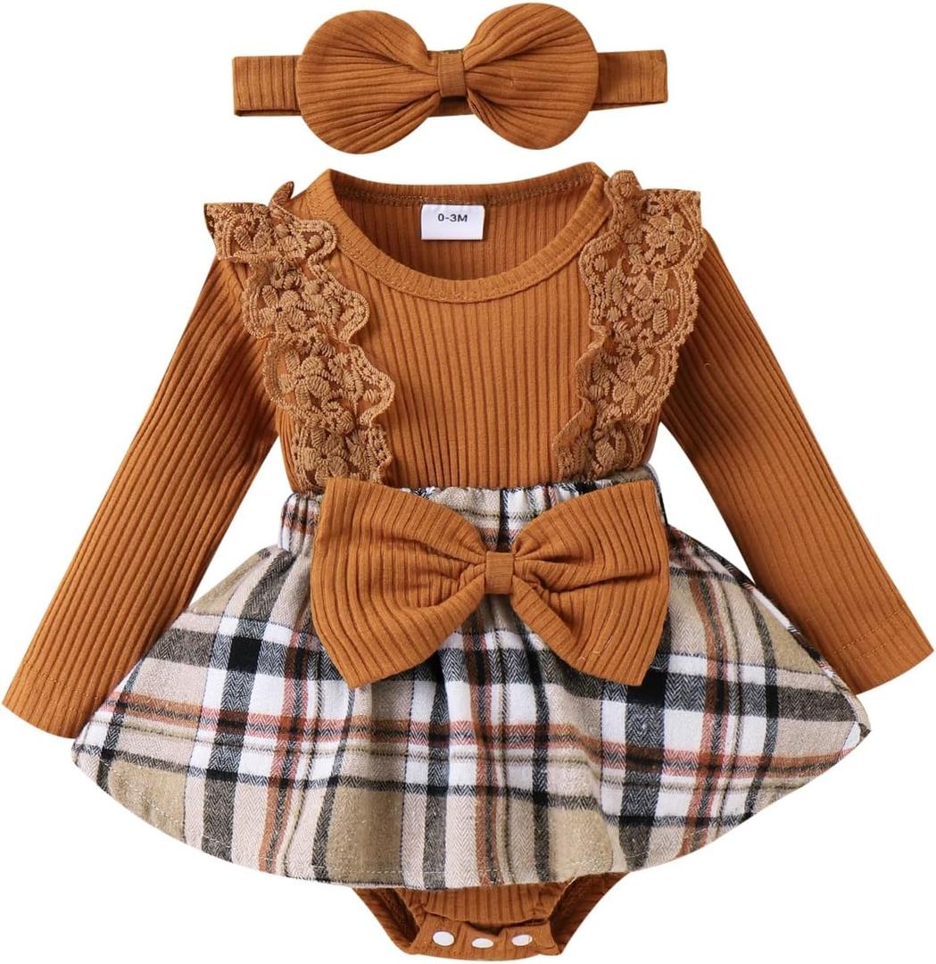 Baby Girl Clothes Fall Winter Outfit Plaid Romper Long Sleeve Dress Lace Ruffles Bodysuit with Bow Headband (3-6 Months, Brown)