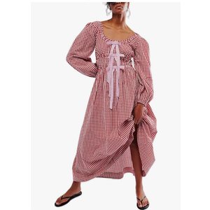 Women Cute Gingham Maxi Dress Vintage Plaid Bow Puff Sleeve Flowy Dress Checkered Square Neck Smocked Long Dresses, Pink, L