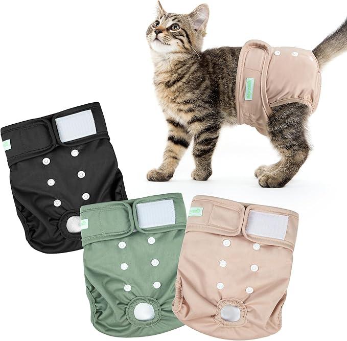 Wegreeco Cat Diapers, Cat Diapers for Male Female Cats Spraying Incontinence, Reusable Adjustable Highly Absorbent (3 Pack, Large) Green, Gold, Black