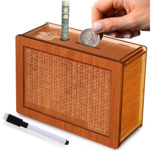 $10,000 Savings Challenge Box  Money Saving Organizer for Adults & Kids  Wooden Piggy Bank with Visual Tracker  Budgeting Gift for Financial Literacy & Goals (Large)