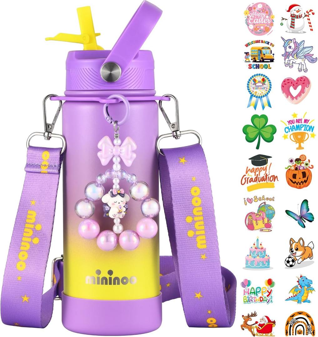 Mininoo Insulated Stainless Steel Kids Water Bottle for School with Straw Lid & Strap, 50 Stickers, 18 oz(Purple/Yellow)