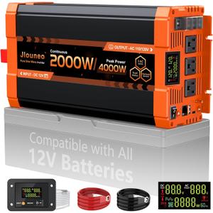 2000 Watt Inverter, Pure Sine Wave Inverter 12V to 110V, Power Inverters for Vehicles, Car, Solar, RV, Truck, Surge 4000W Inverter with 3AC Outlet, 2USB Port, Remote, Intelligent LCD, Hardwire Port (Matte Orange)
