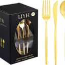 LIYH 102 Pcs Gold Plastic Silverware Disposable, Plastic Gold Utensils Heavyduty - Disposable Cutlery Includes Knives Forks and Spoons for Party, Birthday,Wedding Events
