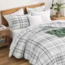 Andency Green White Plaid Comforter Set Queen(90x90Inch), 3 Pieces Preppy Grid Gingham Stripes Bedding Comforter Sets for Boys Girls Kids, Green Line Soft Lightweight Geometric Reversible Bed Set