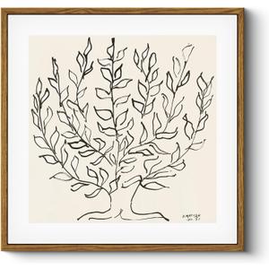 HUARCEY Vintage Framed Canvas Wall Art Plain Tree Drawing, Boho Modern Home Decor, Square Botanical Art for Living Room Bedroom Bathroom, Minimalist Black and White Canvas Leaf Art 12x12
