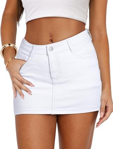 IWD Denim Mini Skirt Women Casual Stretch Jean Skirt Zip Fly Low Waisted Denim Skirt with Pockets,M