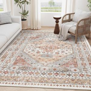 zesthome 5x7 Area Rugs - Ultra-Thin Washble Rug, Stain Resistant Anti Slip Backing Rugs for Living Room,Bedroom, Vintage Home Decor Area Rug (Orange,5'x7') (5' x 7' (Rectangular), Orange)