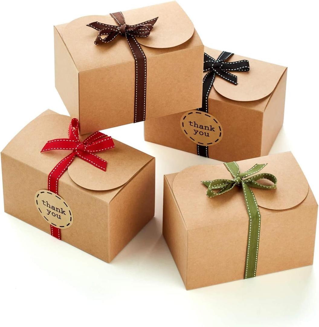 Brown Kraft Cookie Boxes with Ribbons & Stickers (20 Pack) 6.5 x 4 Small Cardboard Gift Boxes for Gift Giving, Baked Goods, Candy, Christmas, Decorative Food Packaging, Bakery Treats, Empty, Bulk
