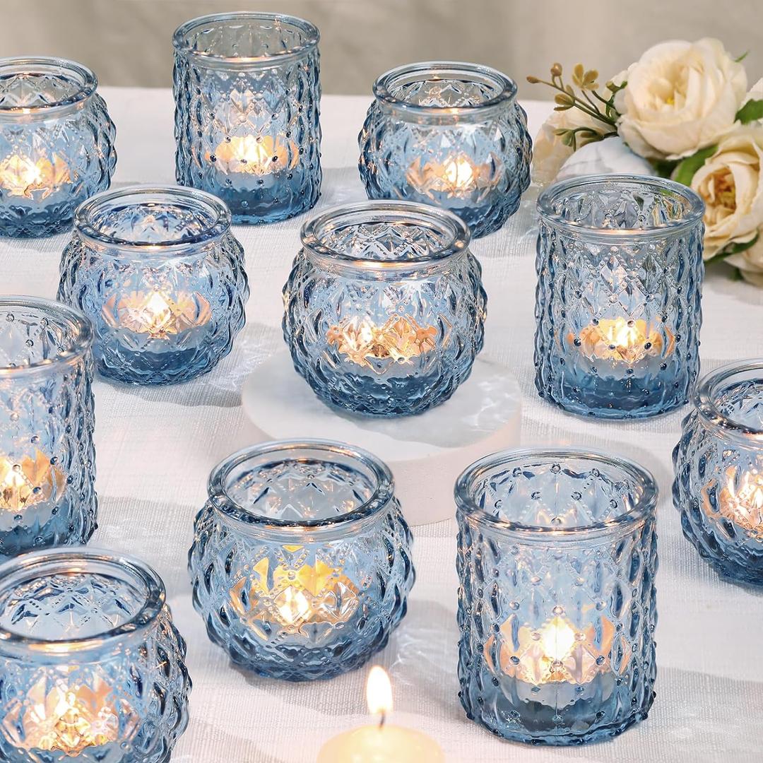 Blue Glass Votive Candle Holders Set of 24 - Round Tea Lights for Wedding, Shower, Party & Gift (24 Pcs)