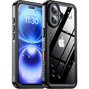 Temdan Compatible with iPhone 16 Case Waterproof, Built-in Screen & Camera Protector IP68 Underwater Full Body 16FT Military Dropproof Shockproof Phone Case 6.1"-Black/Clear