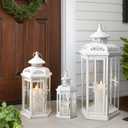 JHY DESIGN Set of 3 Decorative Candle Lanterns 20''&14"&10" H Outdoor Candle Lanterns Vintage Metal Cand leholder for Indoor Outdoor, Events, Parities and Weddings(White with Gold Brush)