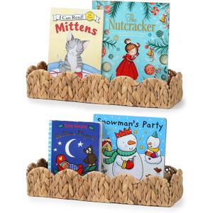 2 Pack Nursery Book Shelves, Scalloped Water Hyacinth Book Shelf for Kids Rooms, Handwoven Floating Book Shelves for Wall, 15.8 Wicker Hanging Bookshelf for Books, Toys, Photo Frames, Nursery decor